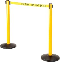 Global Industrial Retractable Belt Barrier, 40" Yellow Post, 11' Yellow "Caution" Belt, Lot of 2