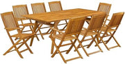 Wood-Tone Oil 9-Pc Patio Table Set with 8 Arm Chairs, High Slatted Back, Rectangle Top Table, Wooden Legs, Durable Outdoor Furniture