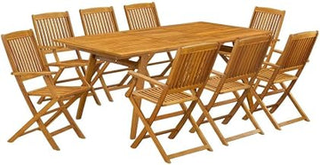 Wood-Tone Oil 9-Pc Patio Table Set with 8 Arm Chairs, High Slatted Back, Rectangle Top Table, Wooden Legs, Durable Outdoor Furniture