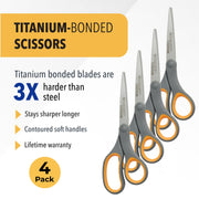 8-Inch Titanium Bonded Straight Scissors by Westcott – 4-Pack, Titanium, Yellow, Pack of 4, Model 17784
