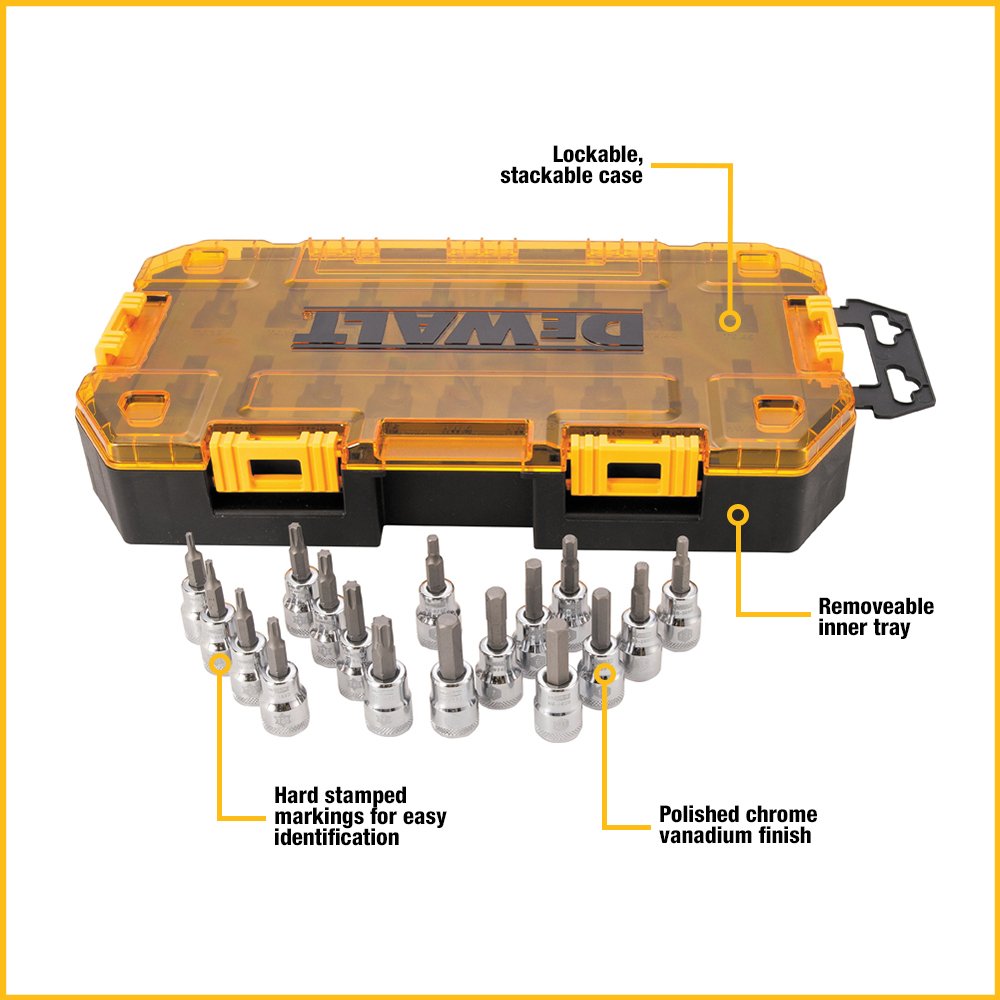 DEWALT Accessory tool kit, 15pc + Set, 3/8" Drive / One Size / 1 Drive Socket Sets