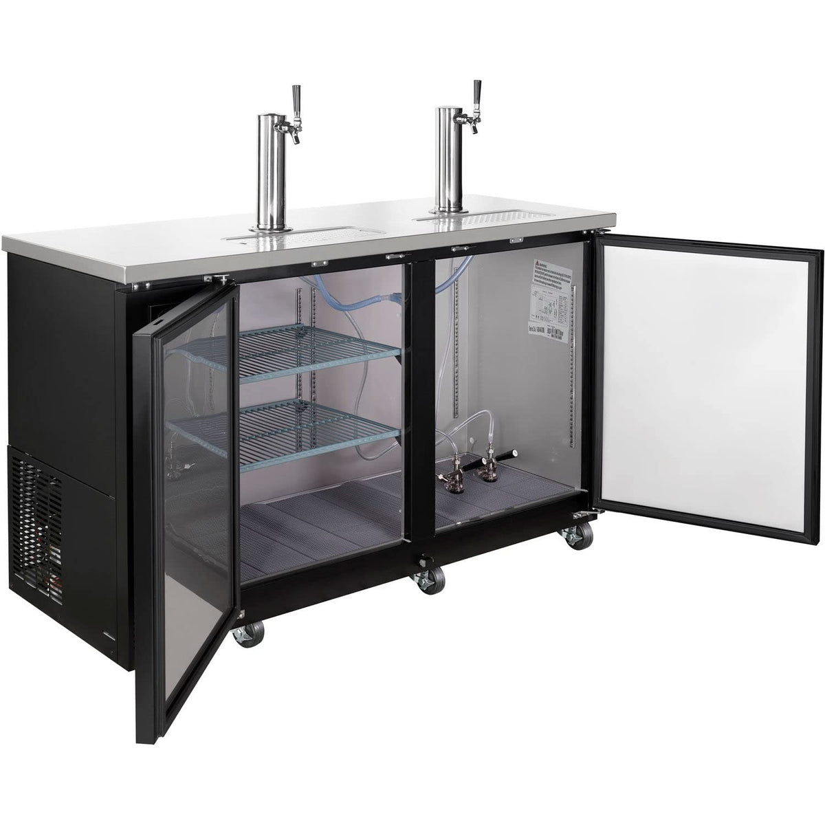 Nexel Beer Dispenser Cooler w/ 2 Single Tap Dispensers by Global Industrial – 24.38"L x 60.75"W x 35.63"H, 15.8 cubic_feet, Stainless Steel, Black, Model UDD-24-60-HC