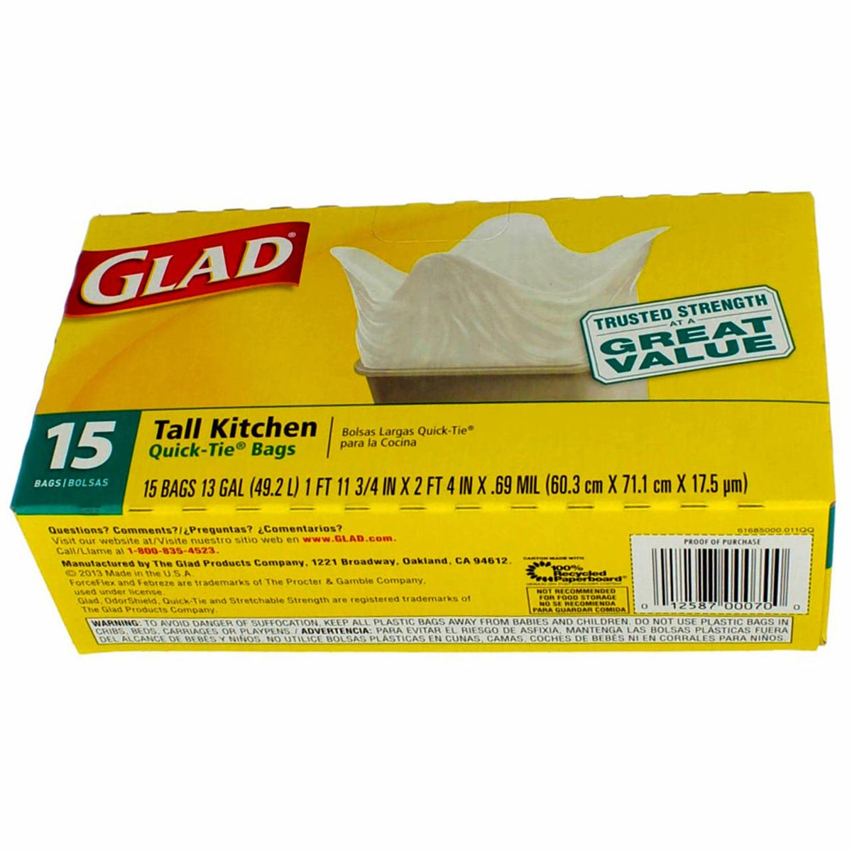 Tall Kitchen Bags 15 ea by Glad – 32 x 22 inches, 13.0 gallons, Plastic, White, Pack of 15