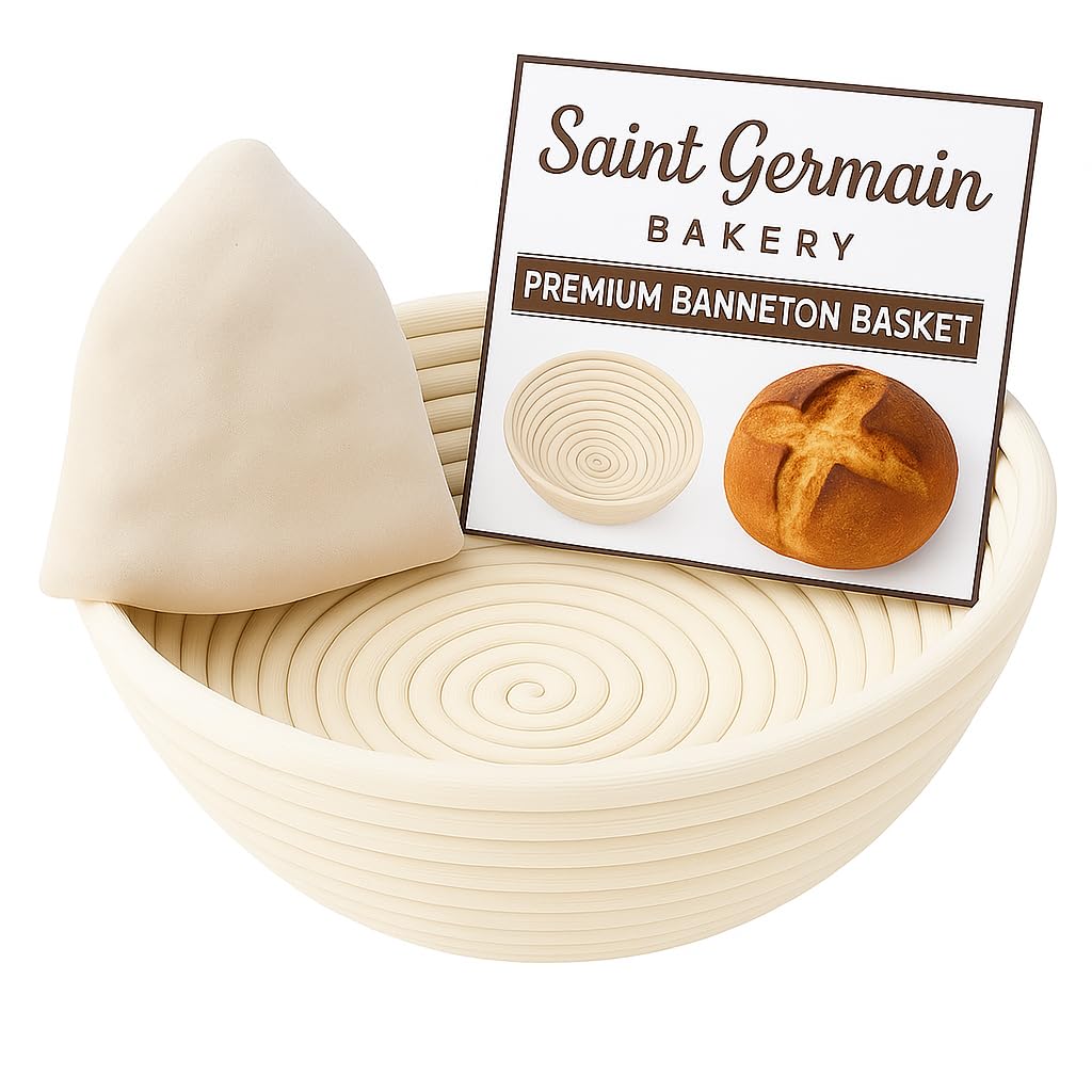 Saint Germain Bakery Round Banneton Basket with Liner, 9 Inch, Brown