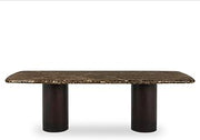 Daphne Dining Table, Rectangular, Italian Marble Top, Mango Wood Base, Double Pedestal, Seats Eight, Dark Emperador Marble
