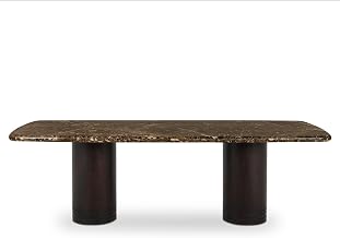 Daphne Dining Table, Rectangular, Italian Marble Top, Mango Wood Base, Double Pedestal, Seats Eight, Dark Emperador Marble