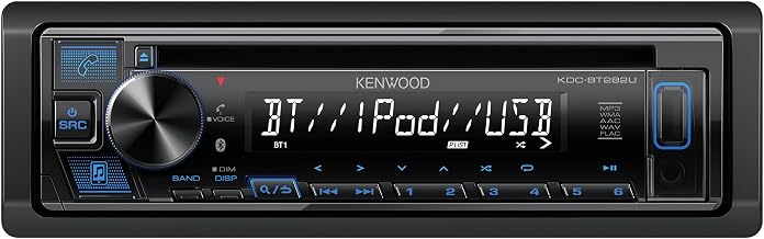 Kenwood KDC-BT282U CD Car Stereo - Single Din, Bluetooth Audio, USB MP3, FLAC, Aux in, AM FM Radio, Detachable face with White 13-Digit LCD Display and Blue Button Illumination
