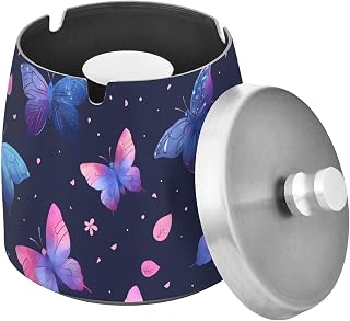 Butterfly Pink Purple Splash Ashtray with Lid, Outdoor Ashtrays for Patio