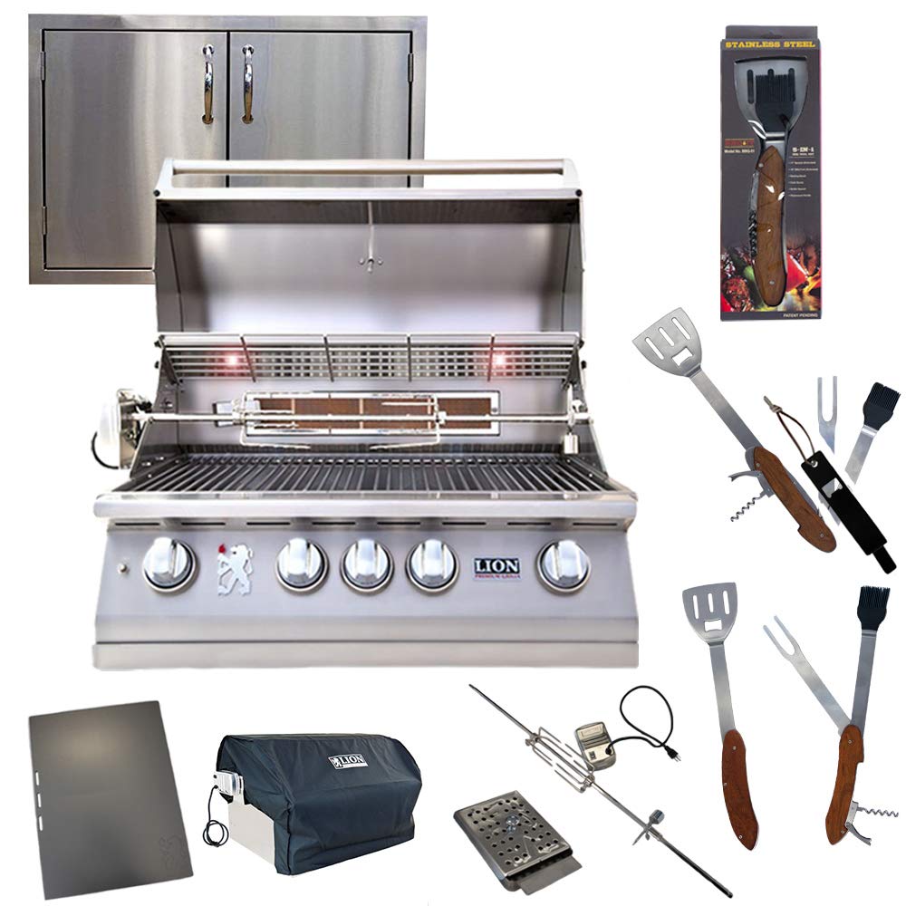 32-Inch Liquid Propane Grill L75000 with Made in USA BOB 32" Double Door Exclusive Best of Backyard Gourmet Package by Lion Premium Grills – Stainless Steel, Silver