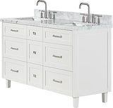 ARIEL B61DCWRVO Monroe 61" Free Standing Double Basin Vanity Set with Cabinet and Marble Vanity Top - White/Italian Carrara Marble Top/Brushed Nickel Hardware