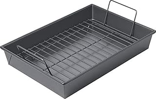 Chicago Metallic Roasting Pan with Rack - 9.5 Inch | Small Roasting Pan 13.5 x 9.5 Inch, Carbon Steel Rectangular Roaster with Nonstick Coating, Flat Rack with Fold-Out Handles