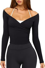 Womens V Neck Long Sleeve Workout Tops Cross Wrap Off Shoulder