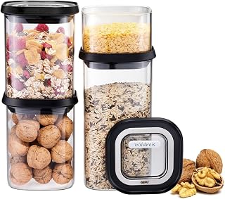 GEFU Pantry Storage Jars Set of 4 Glass Storage Jars with Lid | Airtight Borosilicate Glass Stacking Containers Includes 12 Labels Ideal for Cereal, Flour and Pasta, Dishwasher Safe