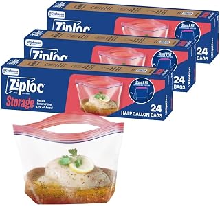 Ziploc Marinade Bags, Expandable Bottom with Easy Open Tabs, Half Gallon, 24 Count, Pack of 3 (72 Total Bags)