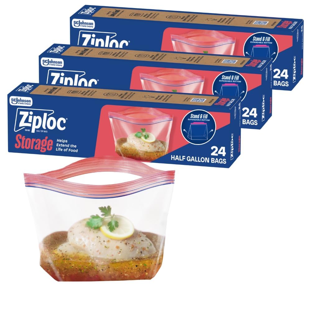 Marinade Bags by Ziploc – 24 Count (Pack of 3), 0.5 gallons, Plastic, Clear/Transparent, Pack of 3