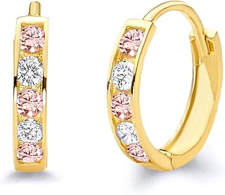 14k Yellow Gold 2mm Thickness Multi-Color CZ Channel-set Hoop Huggies Earrings (10 x 10 mm)