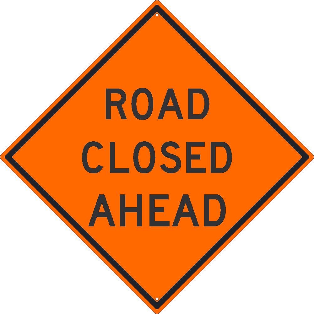 ROAD CLOSED AHEAD Sign by NMC – Medium, Aluminum, Orange, Model TM175K