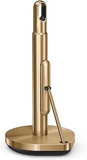 simplehuman Tension Arm Countertop Paper Towel Holder, Easy One-Handed Tear, Standing Weighted Base with Finger Loop, Heavy Duty, Brass Stainless Steel