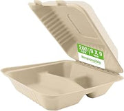 Responsible Products 9 inch 3-Compartment Hinged Containers, Tree-Less™ Compostable Molded Fiber Takeout Containers, Extra Strength, Tree-Free and Made Without PFAS, Natural Brown (200 Count)