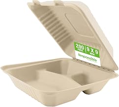 Responsible Products 9 inch 3-Compartment Hinged Containers, Tree-Less™ Compostable Molded Fiber Takeout Containers, Extra Strength, Tree-Free and Made Without PFAS, Natural Brown (200 Count)