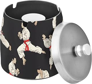 Karate Black Background Splash Ashtray with Lid, Outdoor Ashtrays for Patio