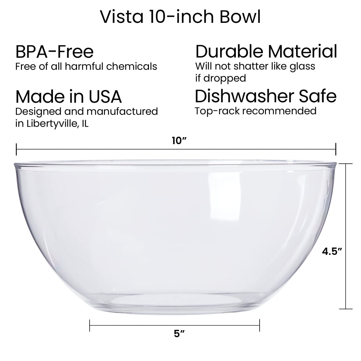 US Acrylic Vista Clear Plastic Serving Bowls, 135 Ounce Capacity, Set of 3