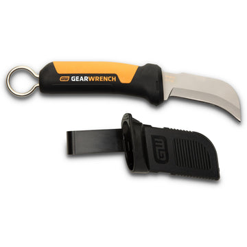 Lineman Fixed Blade Hawkbill Knife with Sharp Tip by GEARWRENCH – Molten Orange & Black, Model GWKHBFXS