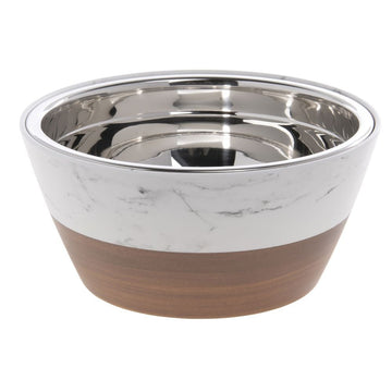 Serving Bowl with Stainless Steel Insert Wood and Marble Look Melamine - 9 1/4" Dia x 4 1/4" H by HUBERT – Marble, Stainless Steel, Model 32061+43557