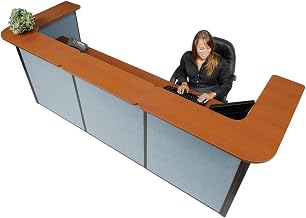 Global Industrial 124"W x 44"D x 44"H U-Shaped Reception Station, Cherry Counter/Blue Panel
