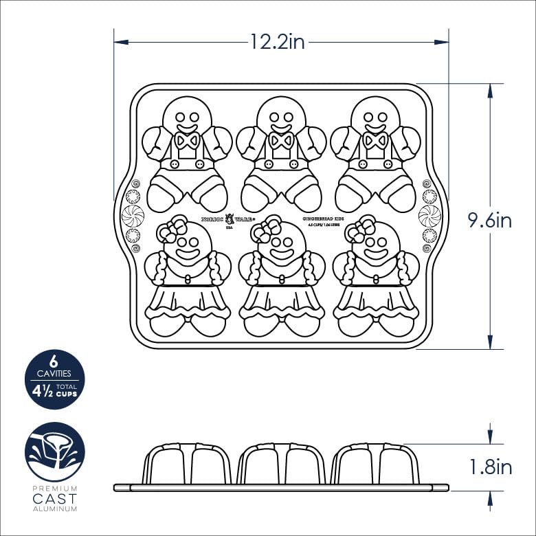 Gingerbread Kids Cakelet Pan by Nordic Ware – 6-Cavities, 12.25 inches, Aluminum, Silver, Model 86948