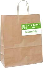Responsible Products 10.2" x 5.1" x 12.8" Paper Handle Shopping Bag, Plastic-Free, Recyclable, Made without PFAS, Natural Brown (250 count)