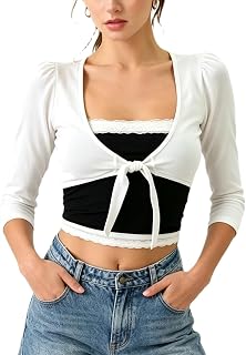 3/4 Sleeve Tie Front Crop Tops for Women Y2K Slim Wrap Tee Shirt