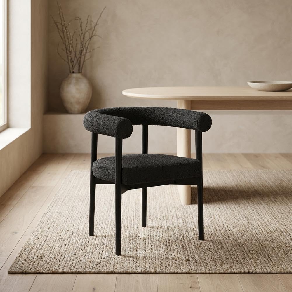 Boucle-Upholstered Dining Chair with Ash Wood Legs by Starlight Canyon Home – 25.4 x 22.2 x 28.4 inches, Boucle,Wood, Black