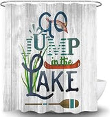 DYNH Rustic Lakeside Cabin Shower Curtain,Go Jump in The Lake Relax Words and Fish on Wooden Board Bathtub Curtain,Fabric Country Bathroom Decor,72X78IN,12PCS Hooks