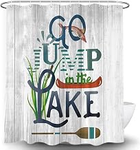DYNH Rustic Lakeside Cabin Shower Curtain,Go Jump in The Lake Relax Words and Fish on Wooden Board Bathtub Curtain,Fabric Country Bathroom Decor,72X78IN,12PCS Hooks