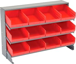 Global Industrial 3 Shelf Bench Rack, (12) 8" W Red Bins, 33x12x21