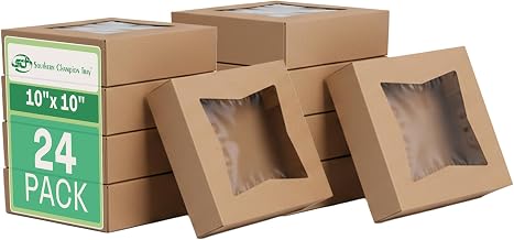 SOUTHERN CHAMPION TRAY SCT Kraft Window Bakery Pack (24 Pack) 10x10x2.5, Auto Pop-Up Containers for Pies, 10 inch Brown Bakery Pack, Cookie Box with Window, 24233K-24