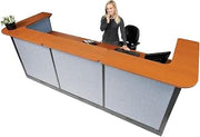 Global Industrial 124"W x 44"D x 46"H U-Shaped Electric Reception Station, Cherry Counter/Blue Panel