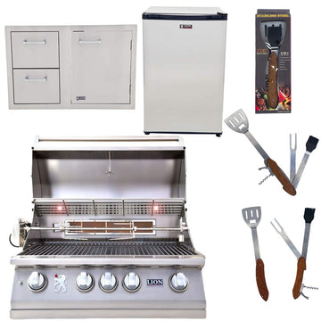 32-Inch Propane Grill L75000 with Lion Door and Drawer Combo with Towel Rack and Lion Refrigerator Package Deal with 5 in 1 BBQ Tool Set by Lion Premium Grills – Model