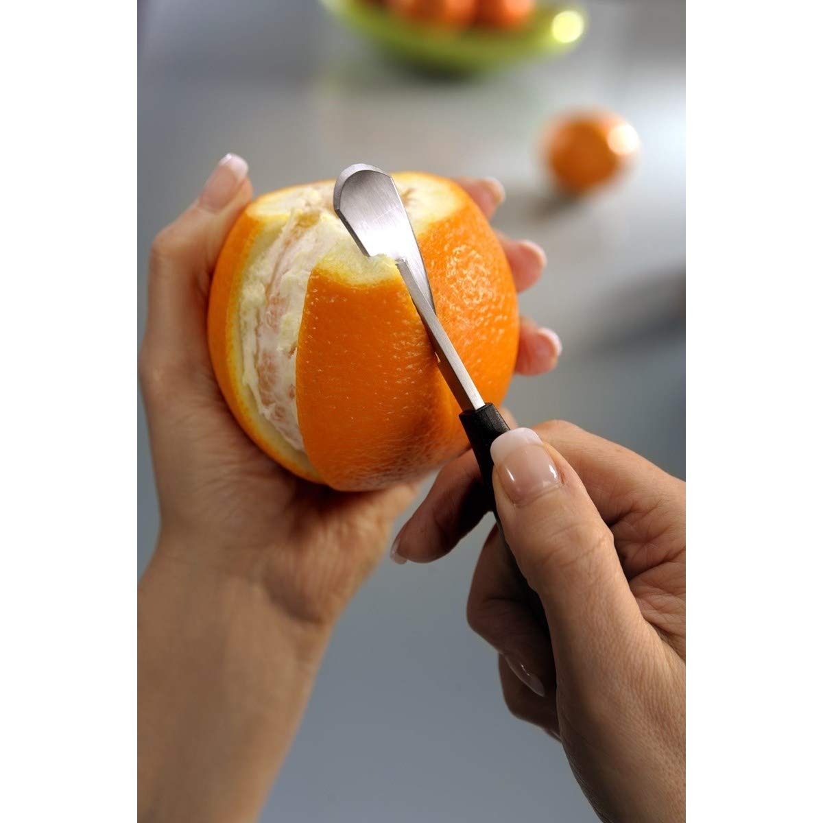 Orange peeler, MELANSINA, 13730 by GEFU – 16 x 3.5 x 2 cm, Stainless Steel, Black,Silver, Model GF13730
