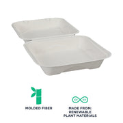 Compostable Vanguard 9" Clamshell To Go Containers by ECO PRODUCTS – 9" x 9", 1.0 liters, Molded Fiber, White, Pack of 200