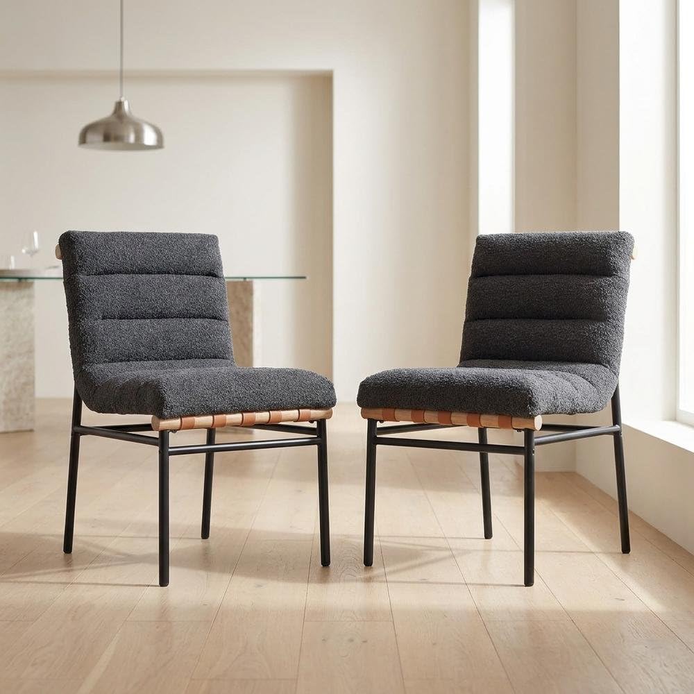 Dark Gray Boucle Fabric Dining Chairs Set of 2 with Black Iron Legs by Furnifact – Fabric, Steel, Wood, Grey, Pack of 2