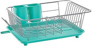 Farberware Compact Dish Drying Rack with Drainboard, Flatware Caddy and Sink Brush, Teal - Holds 9 Plates, Fits Small Kitchens, Apartments and Dorms