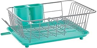Farberware Compact Dish Drying Rack with Drainboard, Flatware Caddy and Sink Brush, Teal - Holds 9 Plates, Fits Small Kitchens, Apartments and Dorms