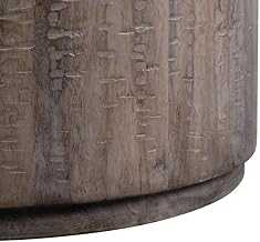 Starlight Canyon Home Mango Wood Coffee Table with Gray Wash Drum Base, Round Solid Wood Cocktail Table for Living Room and Home Office