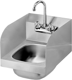 Krowne Metal HS-30L Wall Mount Hand Sink w/ 9.75"W x 11.75"FtoB x 5" Deep Bowl, 4" Splash Mount Gooseneck Faucet & 7"H Side Splashes
