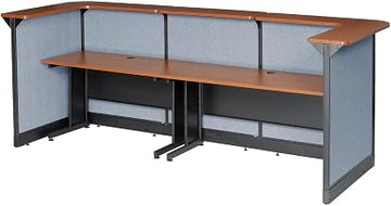 Global Industrial 124" W x 44" D x 46" H U-Shaped Reception Station with Raceway, Cherry Counter/Blue Panel
