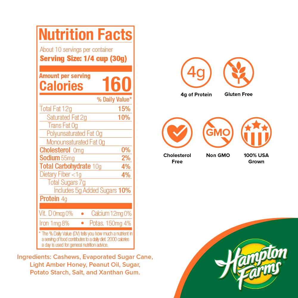 Honey Roasted Cashews by Hampton Farms – 11 Ounce (Pack of 2), Pack of 2, Model AHF13600185