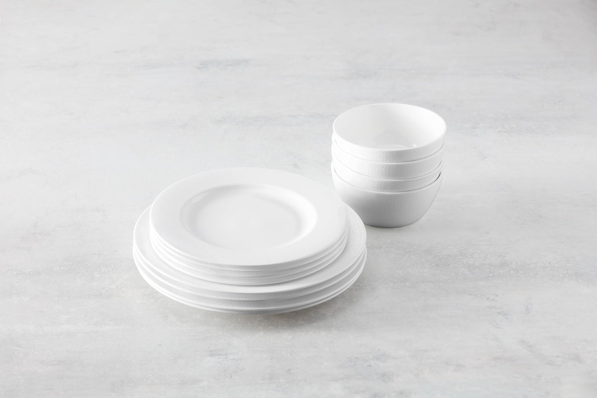 Ornament Bone China by Fortessa – 12 Piece Dinnerware Set (Service for 4), Bone China, White, Model 12PPS-FBC-ORNA