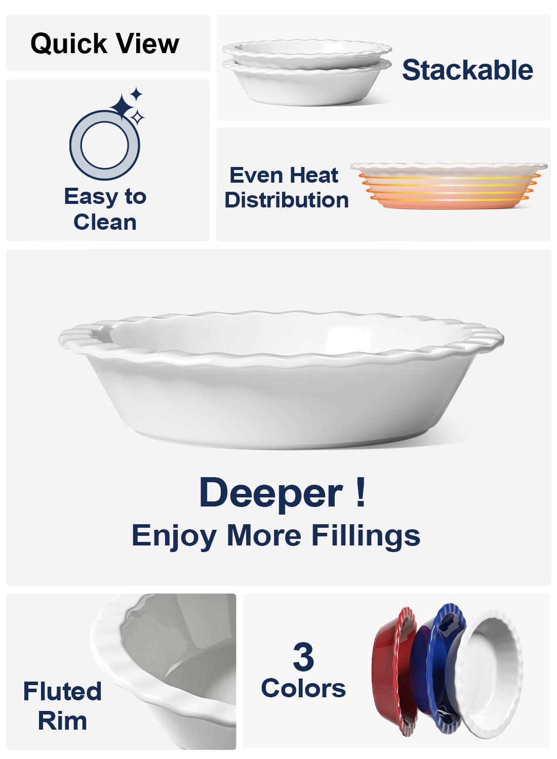 Le Tauci Ceramic Pie Dish, 9 Inch 52 Ounce Capacity, Set of 2, White